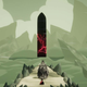A diminutive figure in black stands before a taller figure in grey feathers who stands before an ethereal black door hovering in a rocky landscape.
